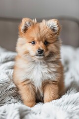 A charming Pomeranian puppy sits cozily