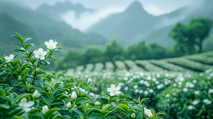 White jasmine flowers blooming in the morning on tea plantation