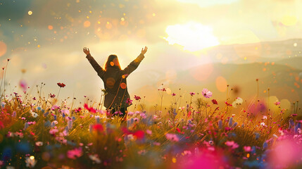 happy people jumping in the meadow