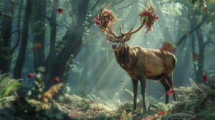 Ethereal image of a majestic stag adorned with a floral crown standing in a mystical forest setting the scene bathed in soft ambient light perfect for fantasy art