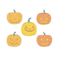 Groovy cartoon Halloween pumpkins with spooky faces vector illustration set isolated on white. Hand drawn linear style creepy squash print collection. October 31st Halloween holiday party trick or