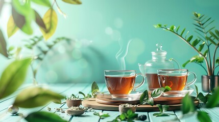 Front view shot of a hot cup of tea with green leaf on tosca background , international tea day concept concept