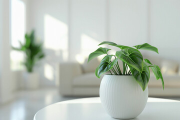 photo of a philodendron plant in a white pot standing on a white table in a modern living room in white tones, realistic photo of good quality