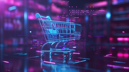 Shopping cart in front of glowing neon digital background. Online shopping concept