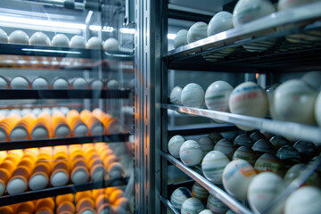 A row of white eggs are stacked in a refrigerator