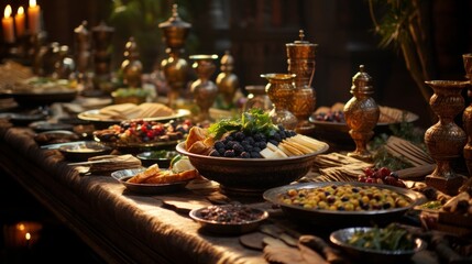 A table adorned with plates of delicious food and flickering candles
