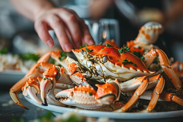 A hand grabbing a dungeness crab from a pile, food and conservation concept