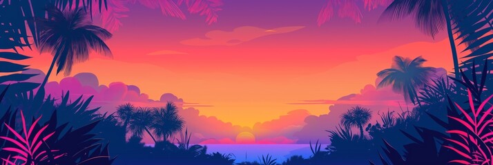 The silhouette of palm trees outlines against the vibrant, gradient hues of a tropical sunset sky - obrazy, fototapety, plakaty