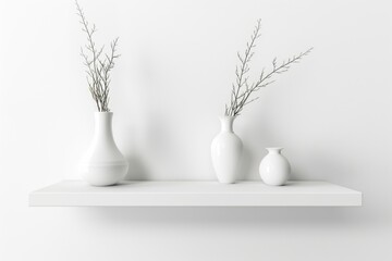 Contemporary white wall shelf featuring three minimalist vases with elegant twigs on a clean background