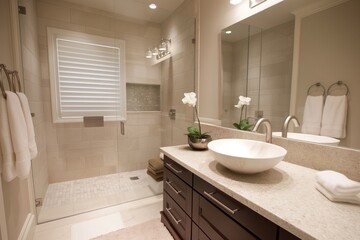 Fototapeta na wymiar Contemporary bathroom featuring a frameless glass shower, stone countertop, and elegant design