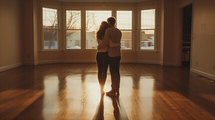 new homeowners embrace in empty living room, young couple celebrates first house together