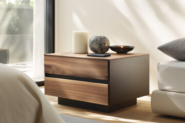 Stylish minimalist bedside table with decorations, featuring clean lines and a contemporary design...