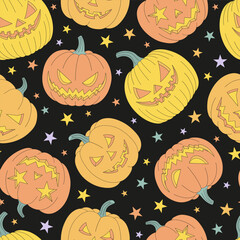 Groovy cartoon Halloween pumpkins with spooky faces vector seamless pattern. Hand drawn linear style creepy orange squash vegetable background. October 31st Halloween holiday party trick or treat