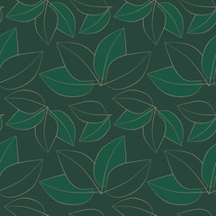 seamless pattern with leaves in gold on dark green background, abstract natural leaf design, abstract graphic ornament, ideal for fashion, textiles and paper design, summer spring print