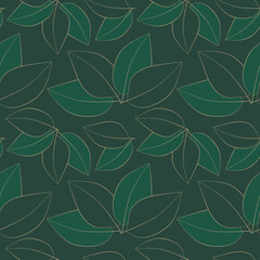 seamless pattern with leaves in gold on dark green background, abstract natural leaf design, abstract graphic ornament, ideal for fashion, textiles and paper design, summer spring print