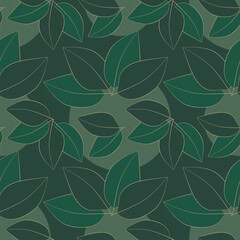 seamless pattern with leaves in gold on dark green background, abstract natural leaf design, abstract graphic ornament, ideal for fashion, textiles and paper design, summer spring print