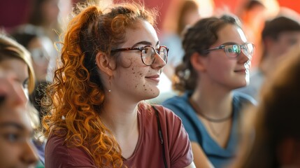 A portrait of a young woman university student engaged in a lively discussion with classmates in a lecture hall, illustrating the collaborative