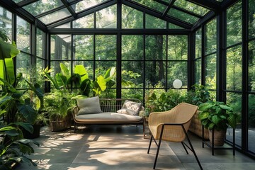 Minimalist conservatory boasting glass walls, filled with abundant tropical plants and stylish furniture