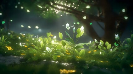 Beautiful fantasy landscape with green grass and flowers in the forest at night