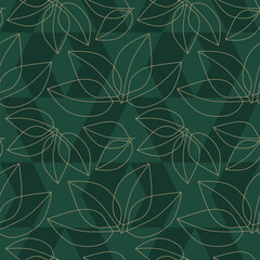seamless pattern with leaves in gold on dark green background, abstract natural leaf design, abstract graphic ornament, ideal for fashion, textiles and paper design, summer spring print