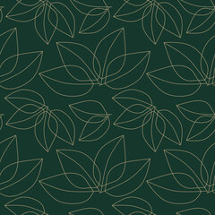 seamless pattern with leaves in gold on dark green background, abstract natural leaf design, abstract graphic ornament, ideal for fashion, textiles and paper design, summer spring print