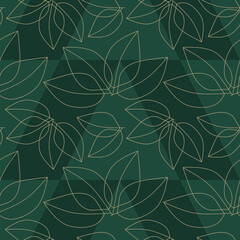 seamless pattern with leaves in gold on dark green background, abstract natural leaf design, abstract graphic ornament, ideal for fashion, textiles and paper design, summer spring print