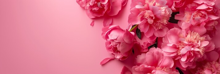 A close-up of beautiful pink peonies against a monochrome pink background, focusing on the bloom and petals