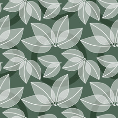 seamless pattern with leaves in white on dark green background, abstract natural leaf design, abstract graphic ornament, ideal for fashion, textiles and paper design, summer spring print