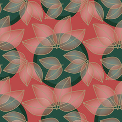 seamless pattern with leaves in gold on red pink green background,  abstract natural leaf design, abstract graphic ornament, ideal for fashion, textiles and paper design, summer spring print