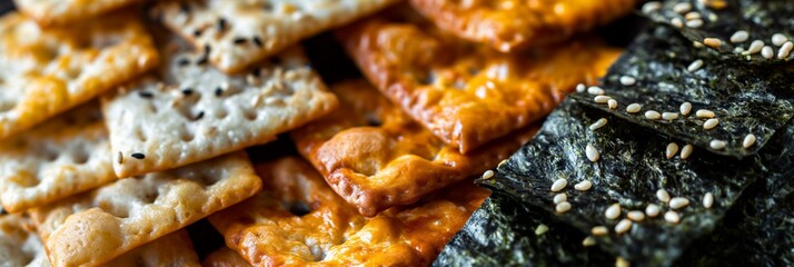 A striking closeup image featuring a variety of savory crackers sprinkled with seeds and crispy seaweed sheets