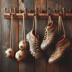 scarpe da calcio appese al muro - obrazy, fototapety, plakaty