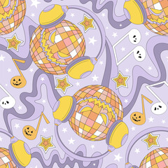 Retro groovy spooky Dj disco ball in headphones with scary music notes vector seamless pattern. Hand drawn linear style creepy mirror ball background. October 31st Halloween holiday party trick or