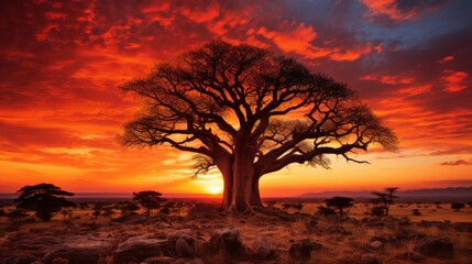 A majestic tree standing tall in the middle of a field as the sun sets in the background