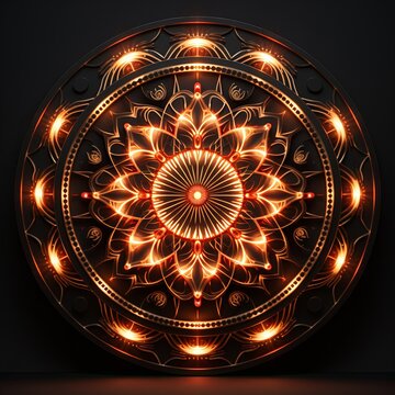 A glowing orange and yellow mandala on a black background.
