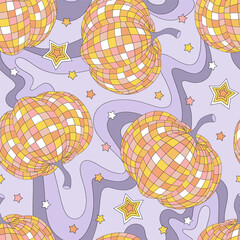 Retro groovy disco ball in the form of Halloween pumpkin vector seamless pattern. Hand drawn linear style gourd mirror ball background. October 31st Halloween holiday party trick or treat event themed