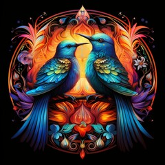 Obraz premium A pair of fantasy birds with bright feathers and a mandala in the background.