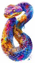 Vertical watercolor portrait design of snake in vivid multicolor watercolor style