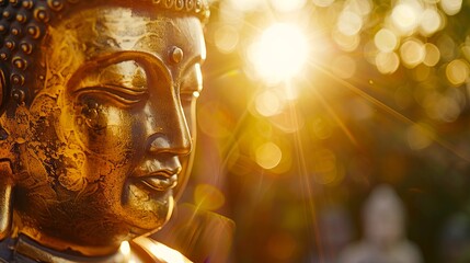A golden buddha statue with the sun shining behind it. - Powered by Adobe