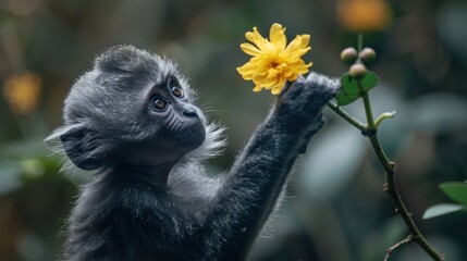 A silver leaf or silvery Lutung monkey, Trachypithecus cristatus, reaching out for a yellow flower to eat macro