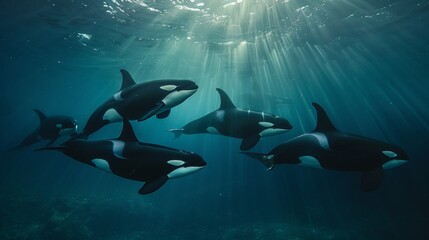 Obraz na płótnie Canvas Orcas killer whales underwater in dark sea.