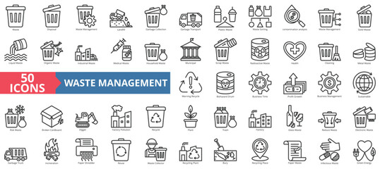 Waste management icon collection set. Containing disposal, landfill, garbage collection, transport, plastic, sorting, contamination icon. Simple line vector.