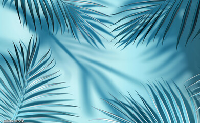 A soft blue background with several palm leaves creating gentle shadows, suggesting a tropical, calm, and relaxing environment.