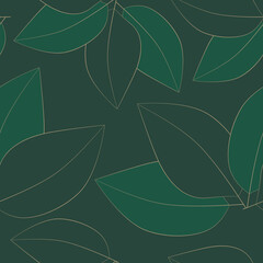 seamless pattern with leaves in gold on dark green background, abstract natural leaf design, abstract graphic ornament, ideal for fashion, textiles and paper design, summer spring print