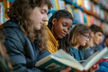 Diverse young students reading books, vibrant library setting, educational themes, inclusivity in advertising