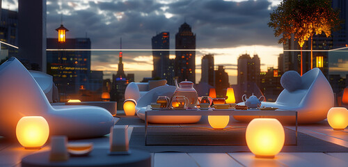 A modern, urban rooftop tea party at twilight, with sleek,and a skyline view, serving a selection of artisanal teas and avant-garde desserts. 32k, full ultra hd, high resolution
