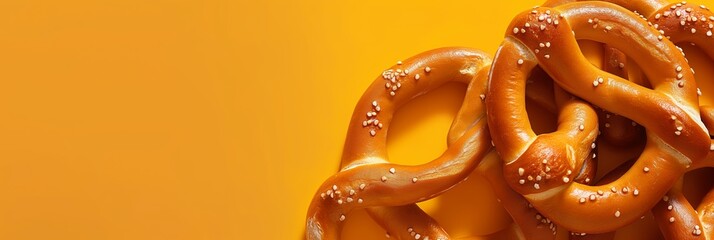 Three golden brown pretzels, salted and ready to be enjoyed, sit against a bright yellow, high contrast background - obrazy, fototapety, plakaty