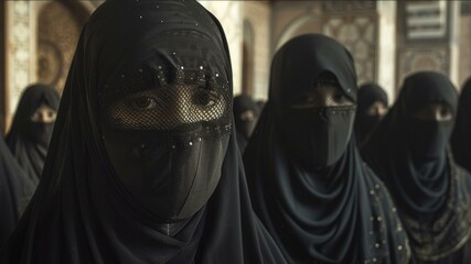 Fully veiled women in dark niqabs, detailed textures, enhancing religious, cultural and fashion diversity - obrazy, fototapety, plakaty
