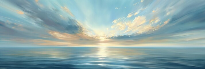 Digital artwork capturing the tranquility and vastness of the ocean at sunset, with rays piercing through the clouds