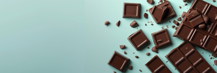 An assortment of dark chocolate pieces broken and scattered on a teal background, creating a minimalist yet indulgent scene