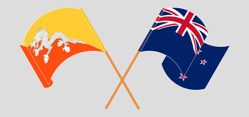 Crossed and waving flags of Bhutan and New Zealand